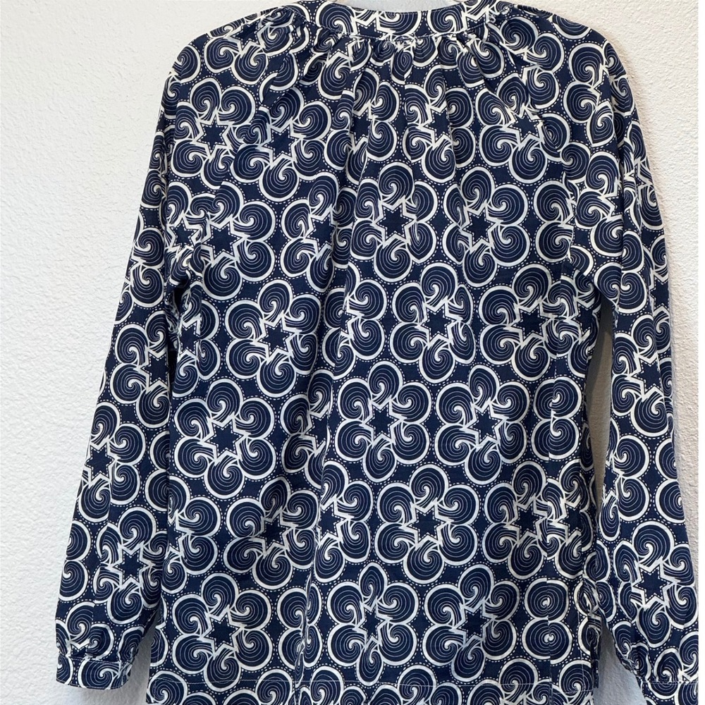 Lesley Evers Navy White Geometric Swirl Star Cotton Blouse Top Womens Medium - Picture 5 of 9